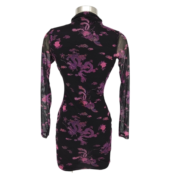 Boohoo Mesh Bodycon Mini Dress Black Oriental Dragon Long Sleeve 4 - Picture 5 of 7